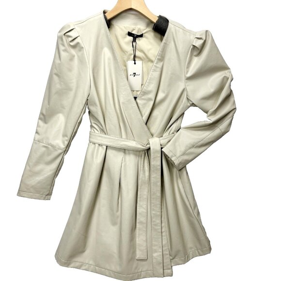 7 For All Mankind Womens Sz Large Beige Wrap Dress Jacket Vegan Leather Belted - Picture 2 of 10